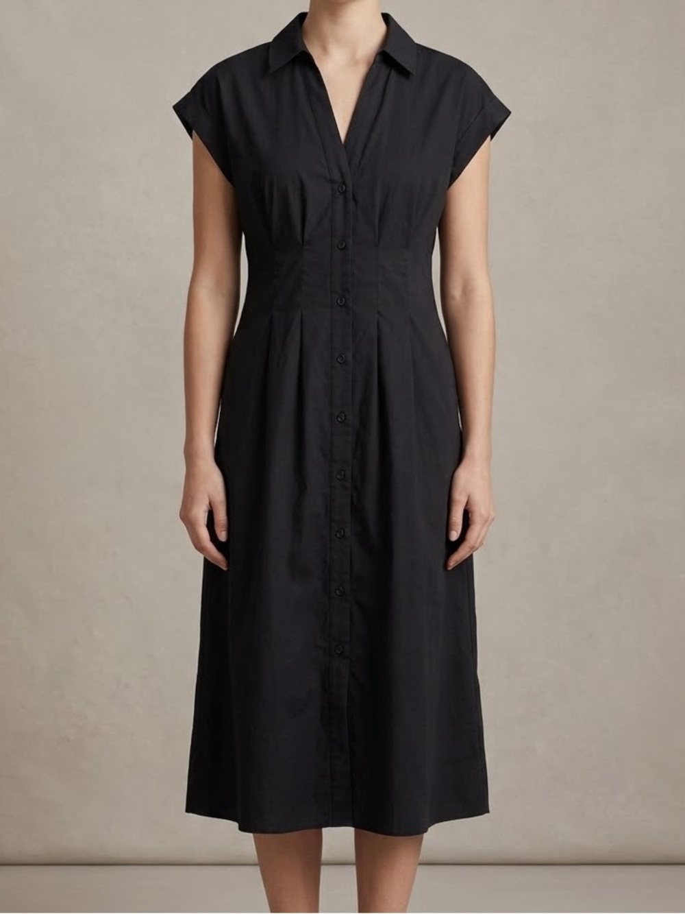 100% Cotton Black Button-Front Midi Dress